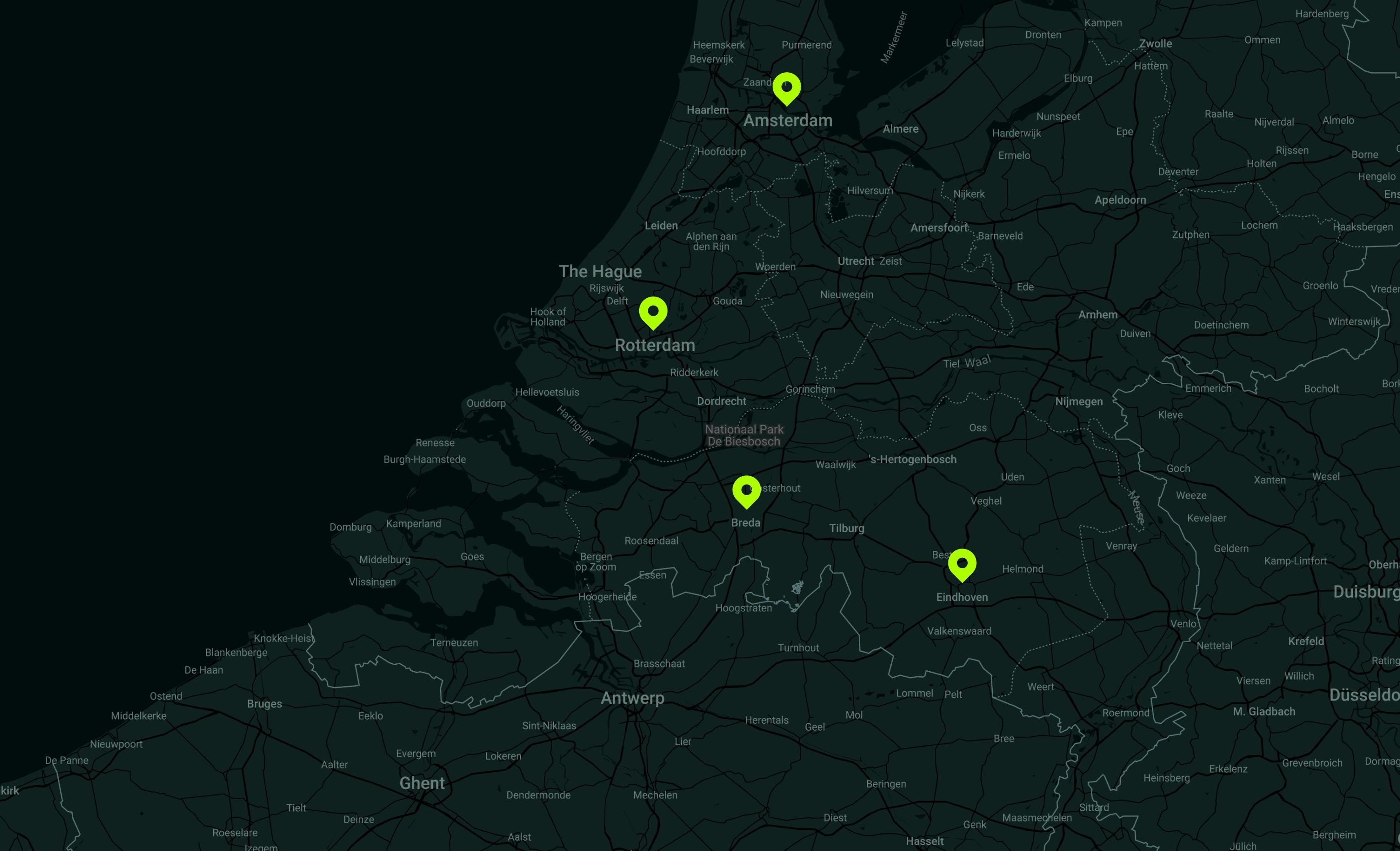 Plattegrond met 4 locaties in Breda, Eindhoven, Rotterdam and Amsterdam